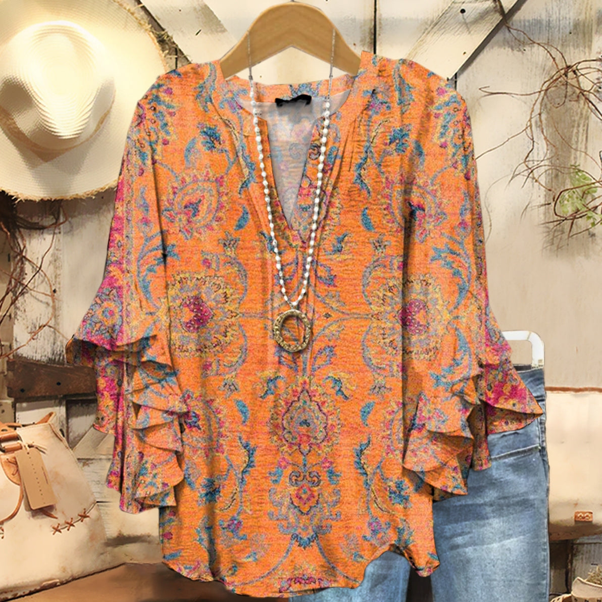 Women's Boho Ethnic Totem Floral Art Pattern Print Casual Cotton Shirt