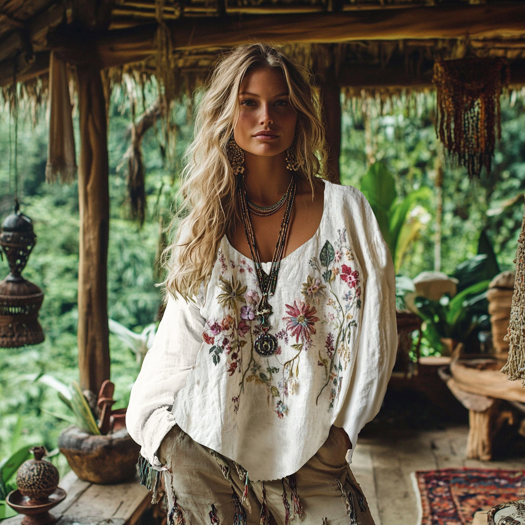 Retro Bohemian Floral Embroidery Art Graphics Cotton And Linen Blend Loose Blouse artswardrobe