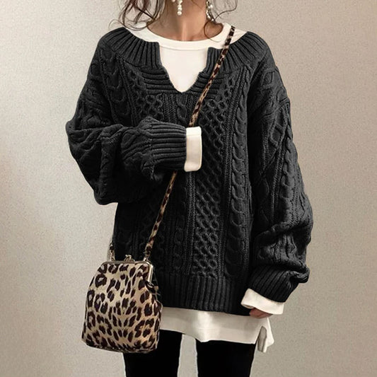 Casual Knit V Neck Linen Pattern Sweater elevenforest