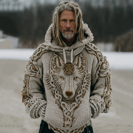 Men's Vintage Viking Wolf Cozy Knit Hooded Sweater elevenforest