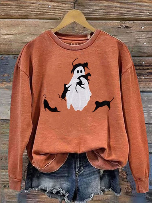 Ghost Playing With Cat Halloween Print Casual Sweatshirt elevenforest