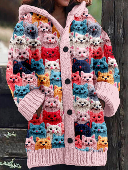 LM | Knitted coat with button placket and playful cat print