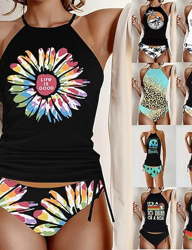 Tankini 2 Piece Swimsuit Ruched Briefs Tummy Control High Waist Slim Backless Vacation Beach Wear Graphic U Neck Sleeveless Bathing Suits