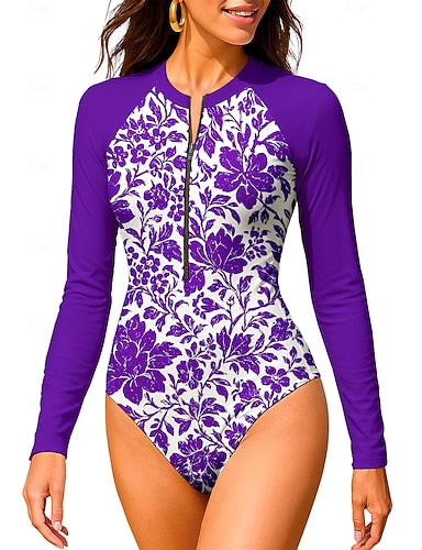 Standard Rash Guard Bathing Suit One Piece Swimsuit Tropical Color-blocking With Built in Bra Upf50+ Uv Protection Stretchy Long Sleeve Swimwear Bodysuit Surfing Beach Water Sports