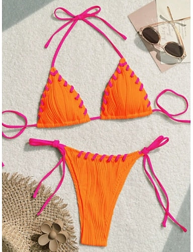 Swimwear Bikini 2 Piece Thong Swimsuit Slim Backless Vacation Beach Wear Color Halter Neck Sleeveless Bathing Suits