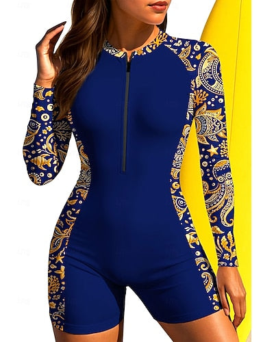 Regular Rash Guard Bathing Suit Boyleg Tropical Zip Up Removable Pad Front Zip Uv Sun Protection Upf50+ Ultra Light (ul) Long Sleeve Swimwear Sun Shirt Surfing Beach Water Sports Summer
