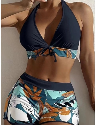 Bikini 2 Piece Swimsuit Shorts Slim Backless Vacation Beach Wear Halter Neck Sleeveless Bathing Suits