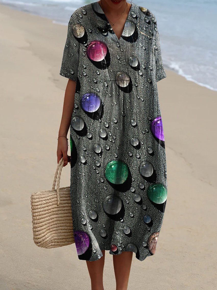 Rainbow Color Water Droplet Art Printed Women's Flowy Dress