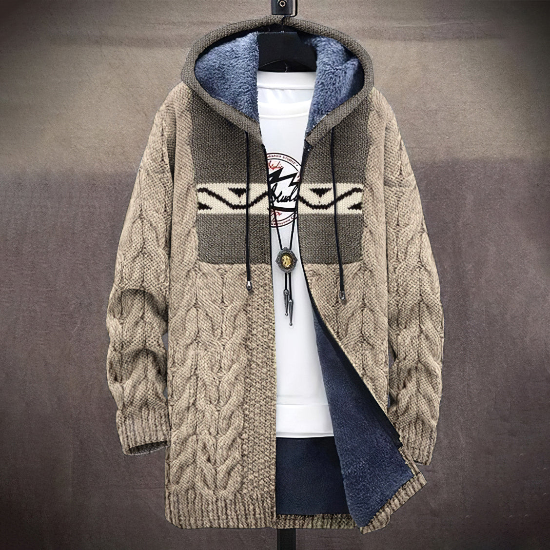 Vingate Wave Geometric Graphics Patchwork Cable Knit Art Hooded Jacket elevenforest