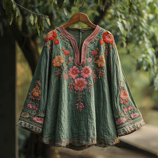 Women's Bohemian Vacation Vintage Floral Long Sleeve Shirt artswardrobe