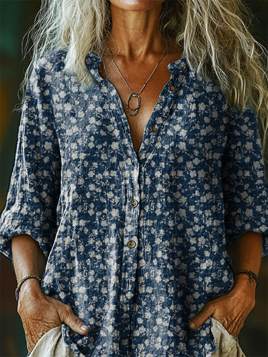 Women's Vintage Floral Art Print Casual Cotton And Linen Shirt