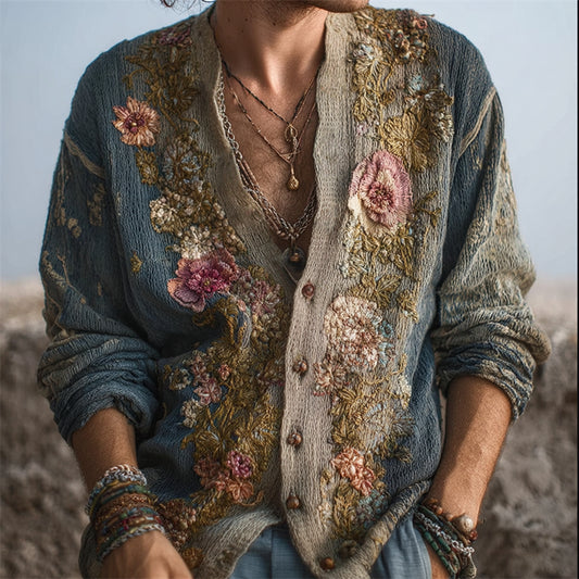 Men's Vintage Floral Embroidered Contrast Comfy Knit Cardigan artswardrobe