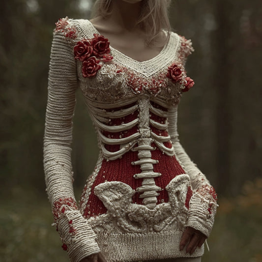 Comstylish Halloween Skeleton Rose Bandage V-neck Sweater