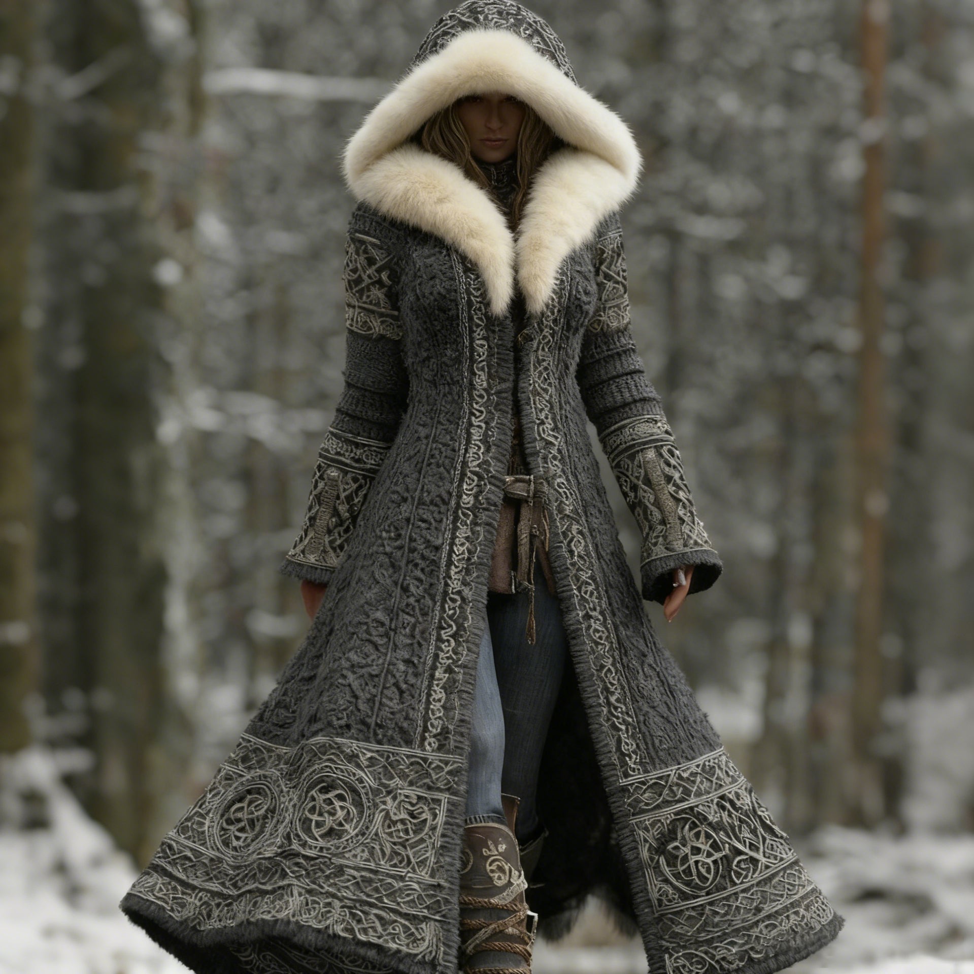 Comstylish Women's Viking Celtic Knot Knitted Jacquard Cozy Fur Trim Hooded Cardigan