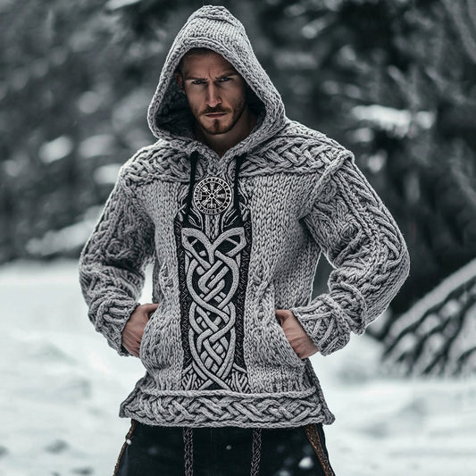 Men's Vintage Viking Runes Celtic Cozy Chunky Hooded Sweater elevenforest