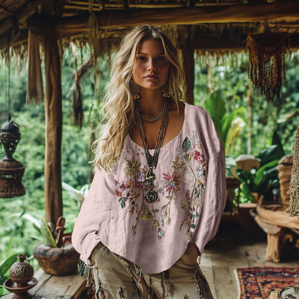 Comstylish Retro Bohemian Floral Embroidery Art Graphics Cotton And Linen Blend Loose Blouse