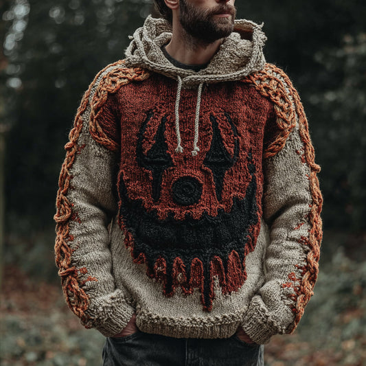 Men's Halloween Devil Smiling Face Color-blocked Warm Knitted Hooded Sweater elevenforest