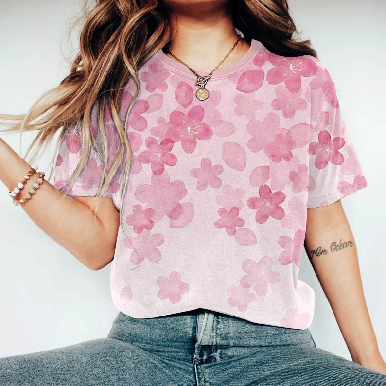 Comstylish Vintage Japanese Art Sakura Round Neck T-Shirt