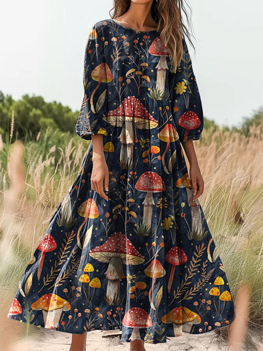 Women's Mushroom Garden Art Print Flowy Cotton Crew Neck Dress