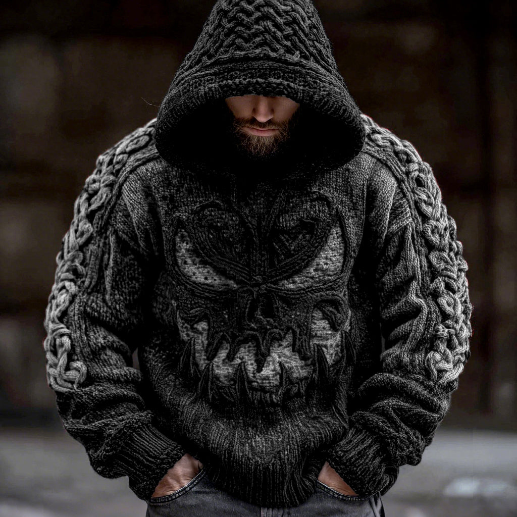 Men's Viking Devil Face Celtic Knot Jacquard Knit Hooded Sweater artswardrobe