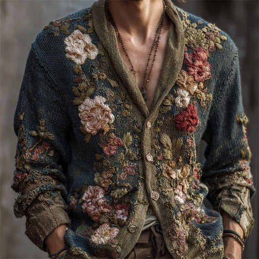 Men's Vintage Floral Embroidered Gradient Comfy Knit Cardigan artswardrobe