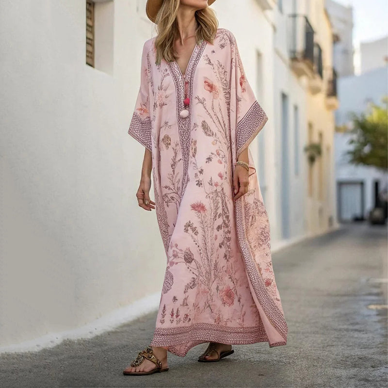Comstylish Long Sleeve Kaftan Linen Vacation Maxi Dress