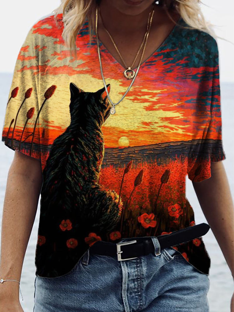 Cat in Poppy Field Painting V Neck T Shirt elevenforest