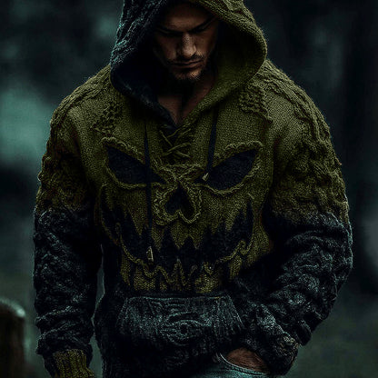Men's Halloween Pumpkin Face Gradient Jacquard Knit Hooded Sweater artswardrobe