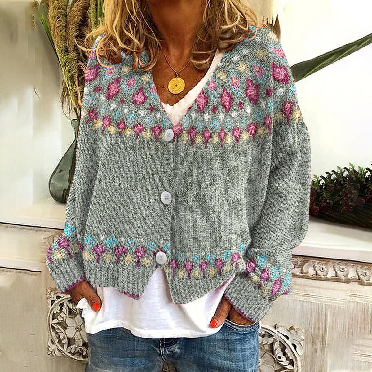 Fairman Island Geometric Contrast Button Cardigan elevenforest