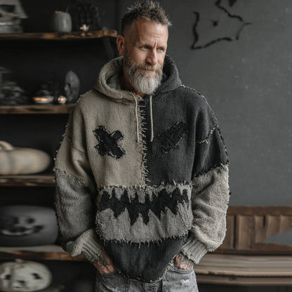 Men's Halloween Spooky Face Colorblock Stitched Hooded Cozy Knit Sweater elevenforest