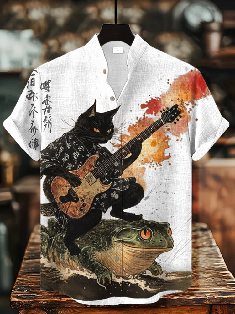 Men's Black Cat Riding On Toad Playing Guitar Print Short Sleeve Shirt elevenforest