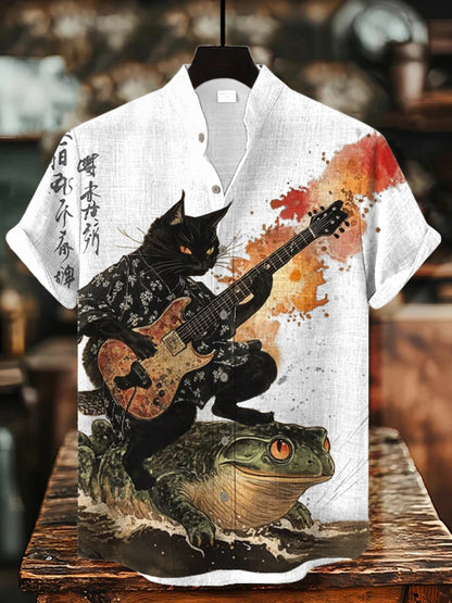 Men's Black Cat Riding On Toad Playing Guitar Print Short Sleeve Shirt elevenforest