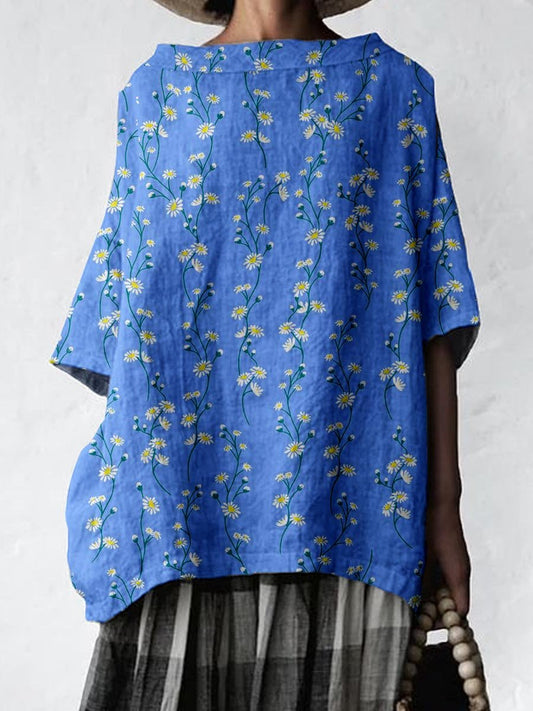 Women's Elegant Floral Cotton and Linen Top