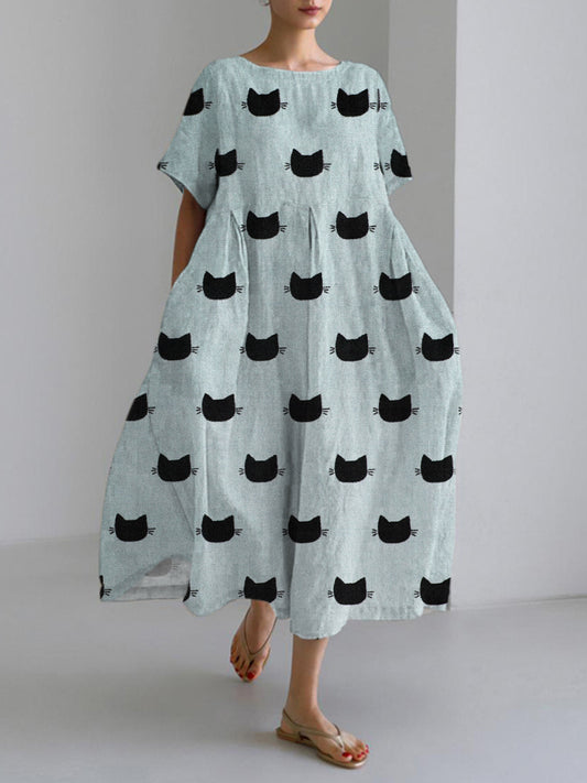 Black Cat Japanese Art Linen Blend Maxi Dress elevenforest
