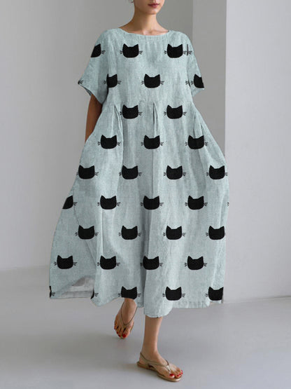 Comstylish Black Cat Japanese Art Linen Blend Maxi Dress