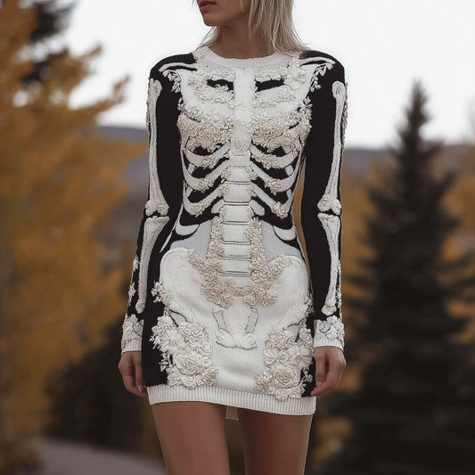 Vintage Halloween Skeleton Floral Art Cozy Sweater Dress artswardrobe