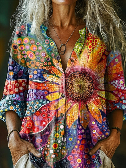 Women's Vintage Floral Pattern Art Print Casual Cotton Linen Shirt