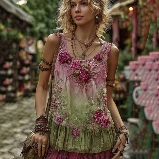 Women's Retro Classy Boho Rose And Floral Embroidered Art Linen And Cotton Tank Top artswardrobe