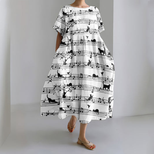 Abstract Cat On Sheet Music Print Loose Midi Dress elevenforest