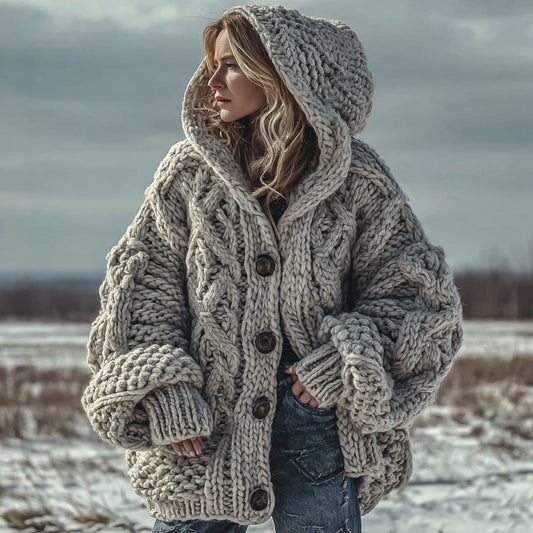 Women's Fair Isle Chunky Knit Warm Button-down Hooded Cardigan artswardrobe