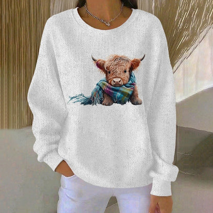 Women's Highland Cow Print Crew Neck Long Sleeve Casual Sweatshirt artswardrobe