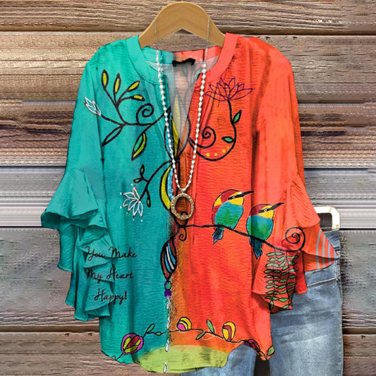 Women's Vintage Floral Bird Art Print Casual Cotton And Linen Shirt