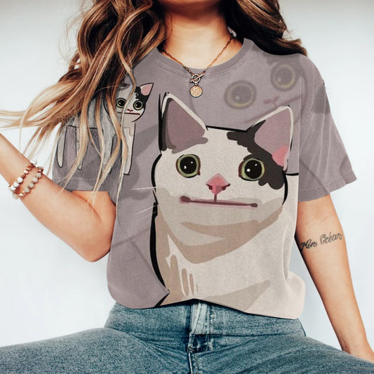 Art Cat Print Round Neck Short Sleeve T-Shirt elevenforest