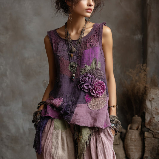 Vintage Purple Roses Lace Patchwork Linen Tank Top artswardrobe