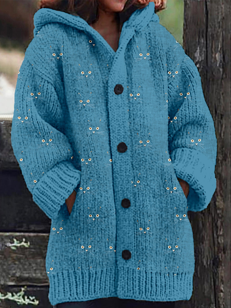 Comstylish Cute Blue Cat Face Cozy Hooded Cardigan