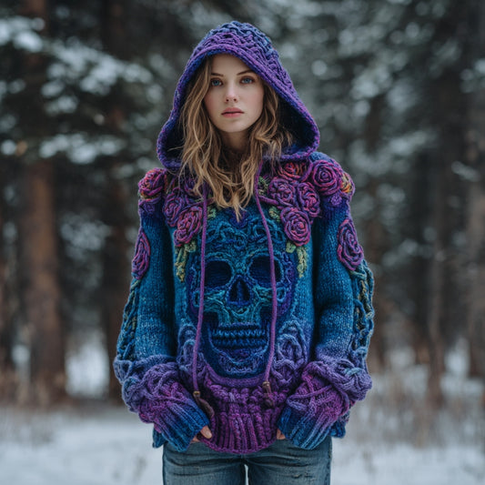 Women's Vintage Skull Floral Gradient Celtic Art Knit Hooded Sweater elevenforest