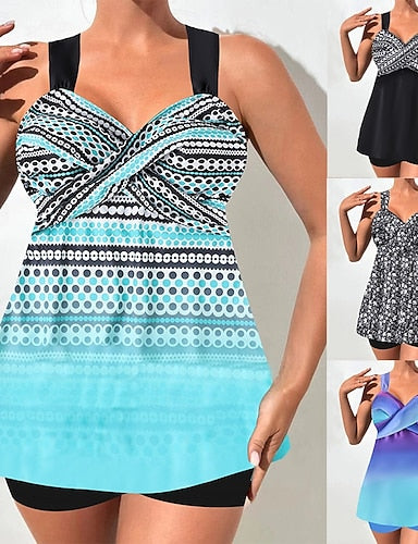 Tankini 2 Piece Swimsuit Shorts Tummy Control High Waist Slim Backless Vacation Beach Wear Ombre Graphic V Neck Sleeveless Bathing Suits