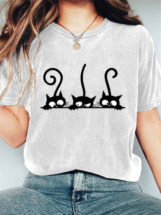 Women's Casual Black Cat Print T-shirt elevenforest