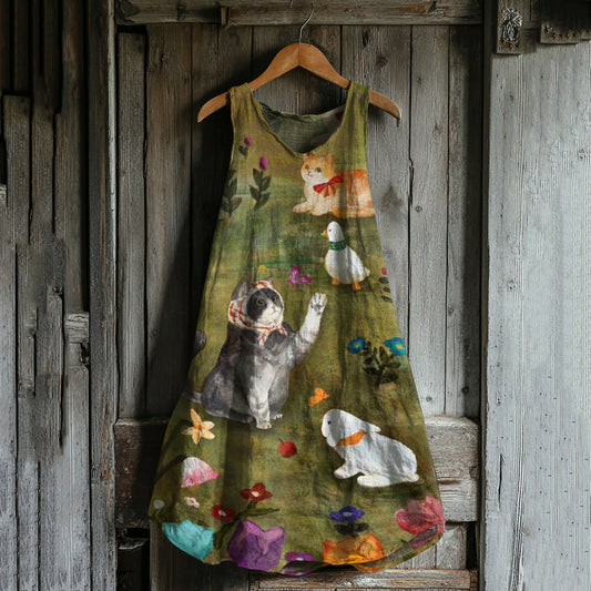 Abstract Creative Cute Cats And Farm Family Art Linen Blend Tank Dress artswardrobe