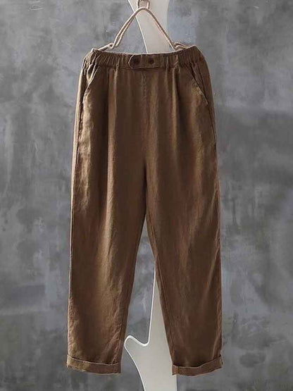 Comstylish Women's Simple Linen Blend Elastic Waist Casual Pants